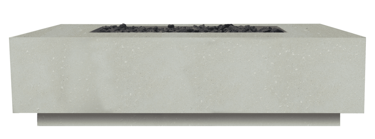XO 60" x 32" rectangular gas fire table in limestone finish with 65,000 BTU output, featuring a modern design and black lava rocks.