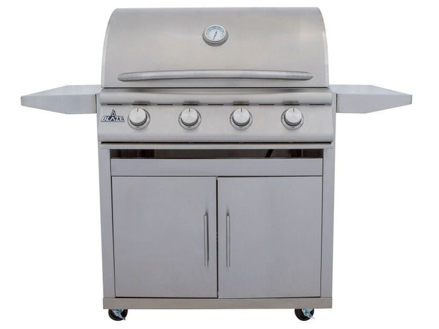 Blaze BCM 32-inch grill hood open showing cooking grates