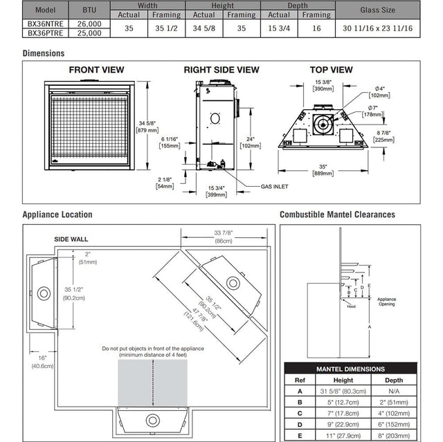 Napoleon Ascent X 36 dimensions diagram