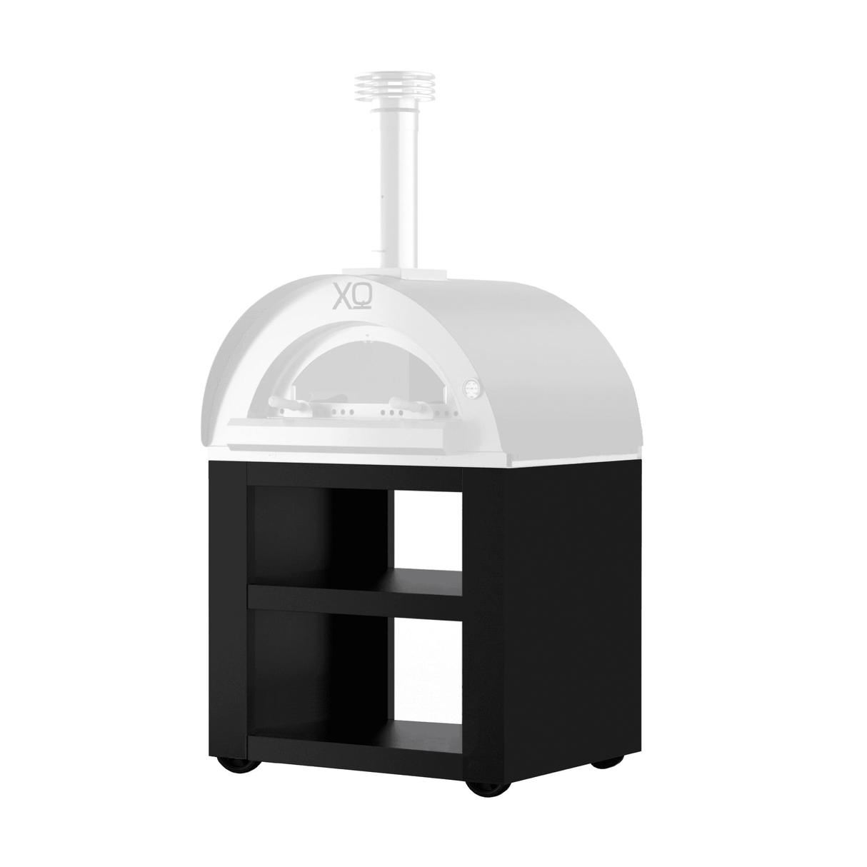 XO Freestanding Oven Cart for XOPIZZA4 with two open shelves and caster wheels, designed for countertop pizza ovens in outdoor kitchens.