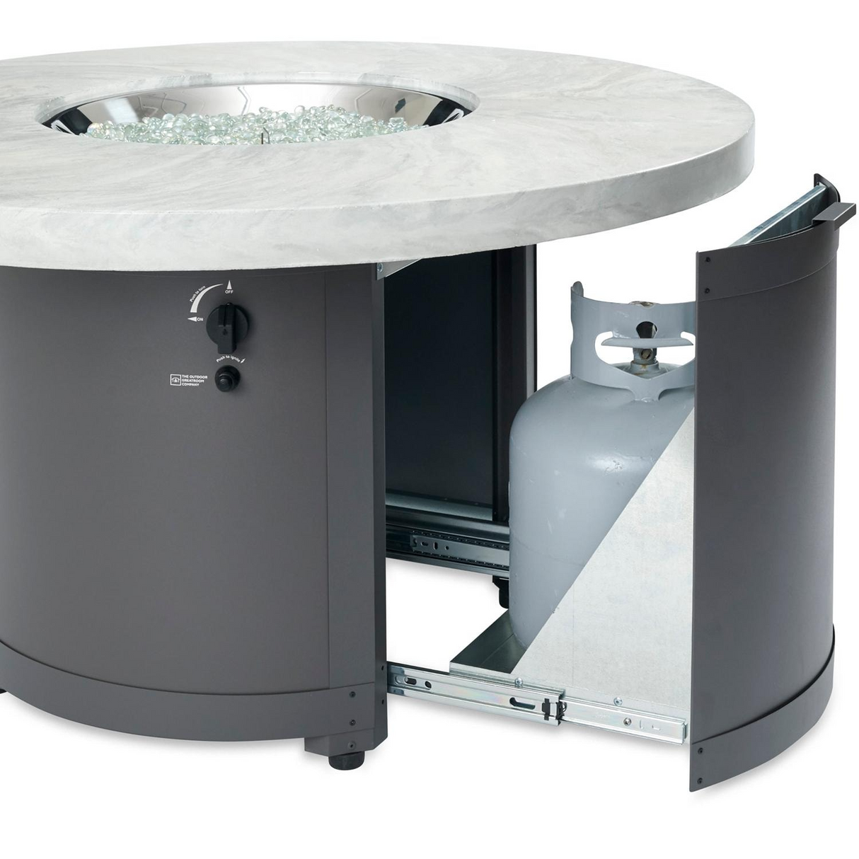 The Outdoor GreatRoom Company Beacon 48 Inch Round Powder Coated Steel Propane Fire Pit Table in White Onyx