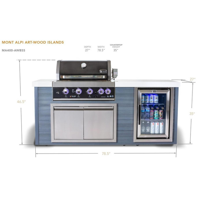 Mont Alpi 4-Burner Black Stainless Steel Art-Wood Propane Gas Island Grill W/ Refrigerator, Infrared Rear Burner & Rotisserie Kit - MA400-AWBSS