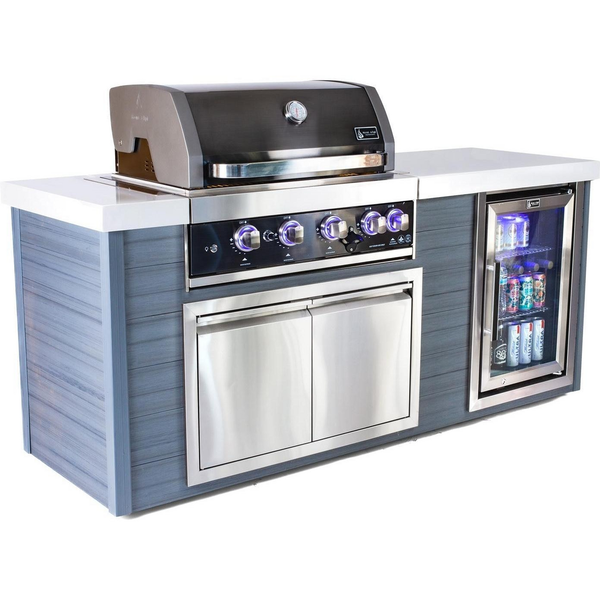 Mont Alpi 4-Burner Black Stainless Steel Art-Wood Propane Gas Island Grill W/ Refrigerator, Infrared Rear Burner & Rotisserie Kit - MA400-AWBSS