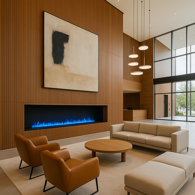 Aquafire Pro water vapor fireplace insert in a modern living room