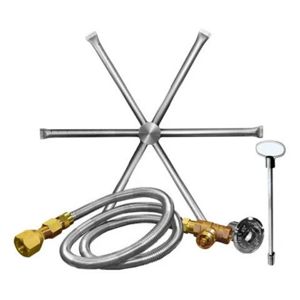 Firegear Burning Spur - Round Stainless Steel Gas Burner with flexible gas line, control valve, and key for outdoor fire pit installation.