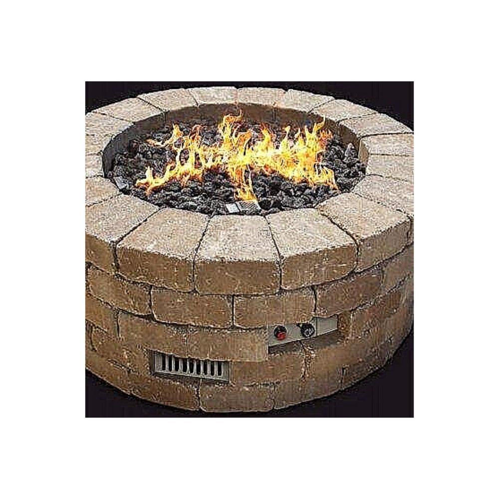 Round brick fire pit featuring Firegear Burning Spur gas burner with visible control panel and natural flame over lava rocks.