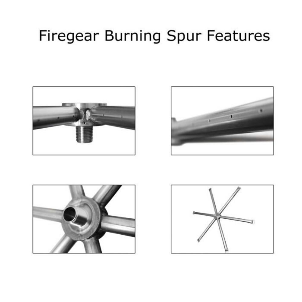 Close-up views of Firegear Burning Spur - Round Stainless Steel Gas Burner showing construction, ports, and connection details.