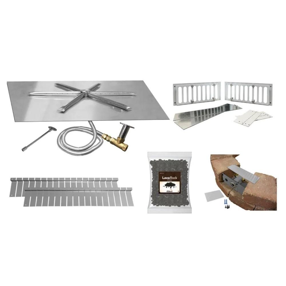 Firegear DIY Fire Pit Kit - Square includes burner, valve, key, lava rock, and assembly parts for custom outdoor fire pit installation.