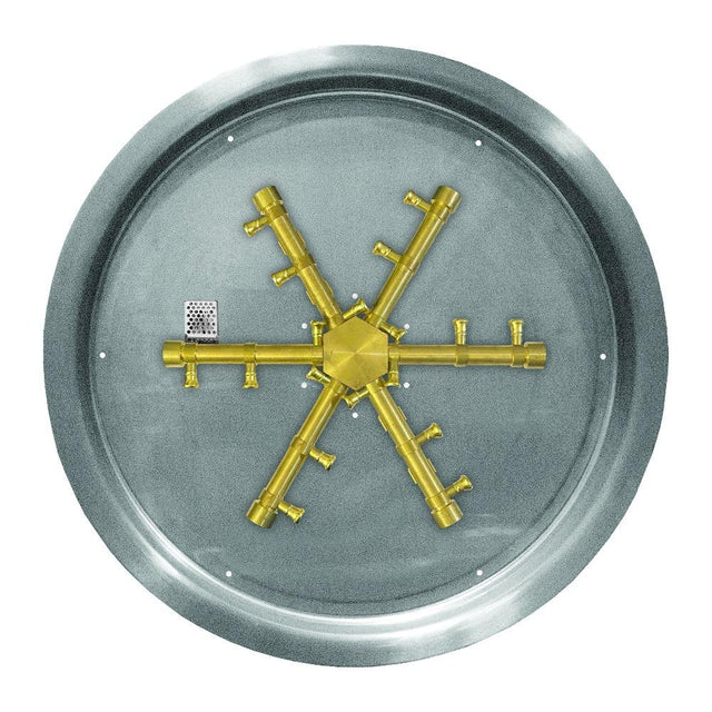 Firegear Pro Series Burning Spur brass burner mounted in a round stainless steel pan, designed for outdoor fire pit installations.