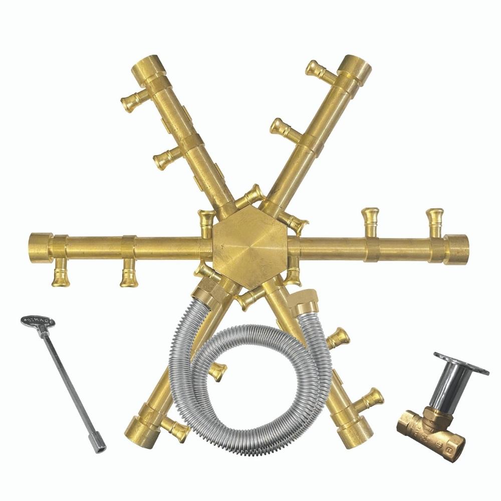 Firegear Pro Series Burning Spur brass gas burner kit with flex line, key valve, and installation components for outdoor fire pits.