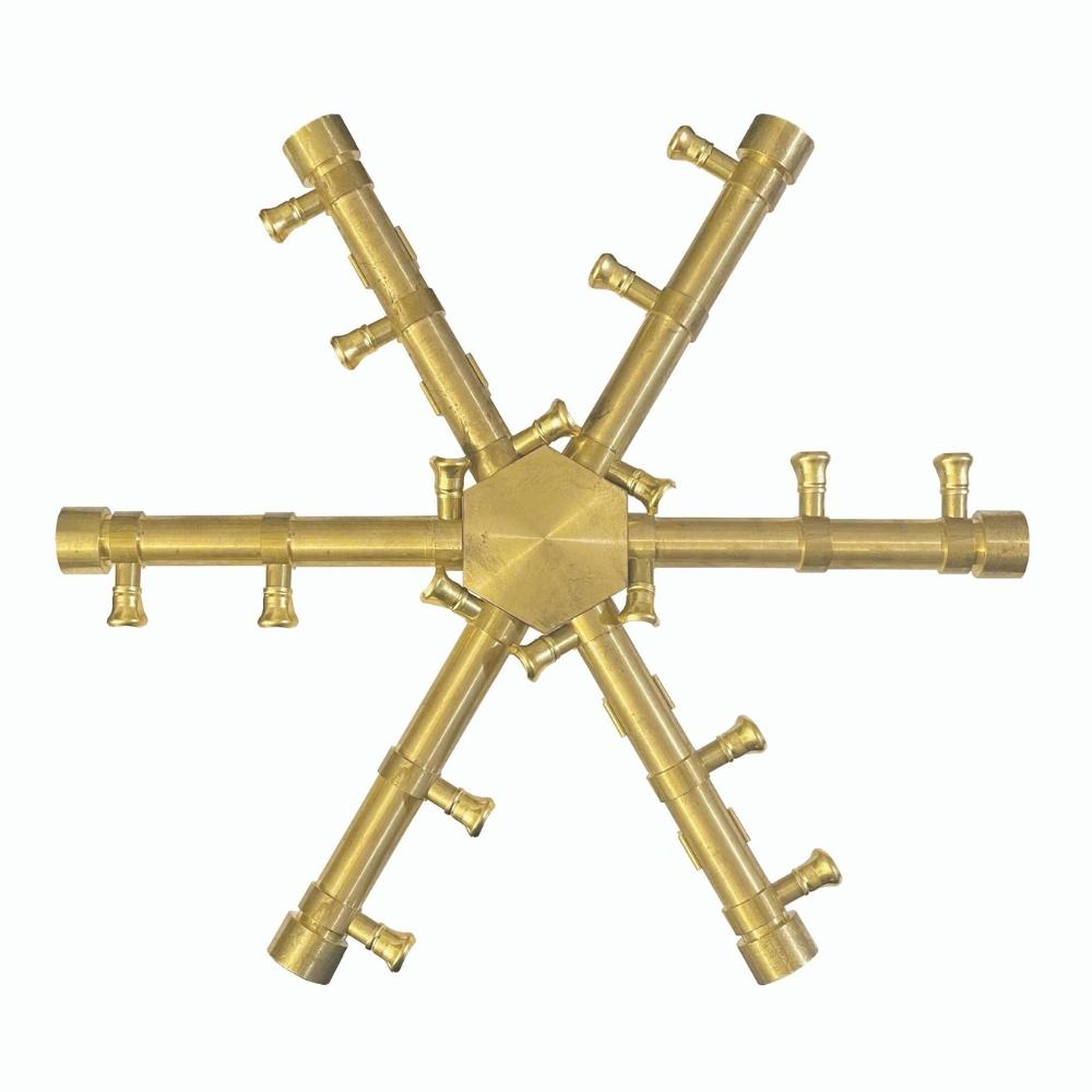 Firegear Pro Series Burning Spur brass gas burner with six-arm design for outdoor fire pits, ideal for natural gas or propane setups.