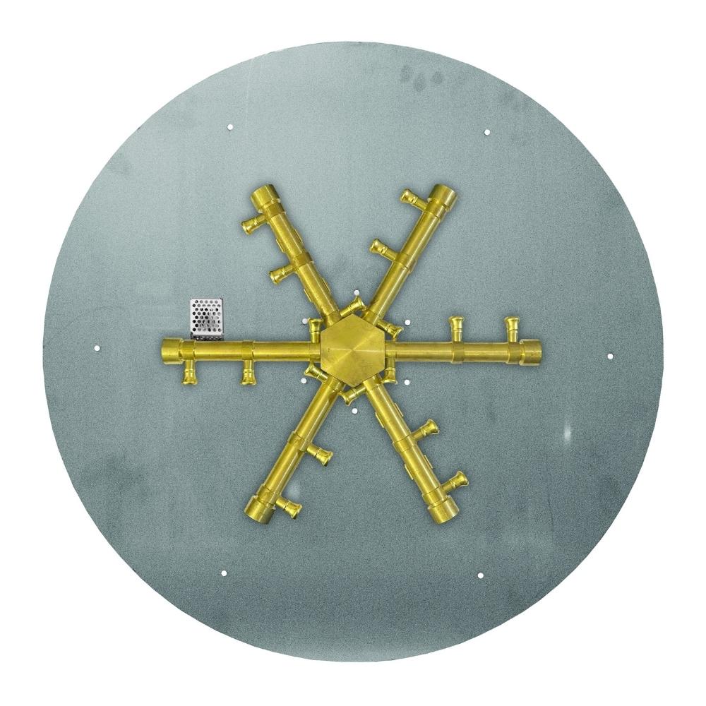 Top view of Firegear Pro Series Burning Spur brass gas burner in a circular metal tray, suitable for custom fire pit builds.
