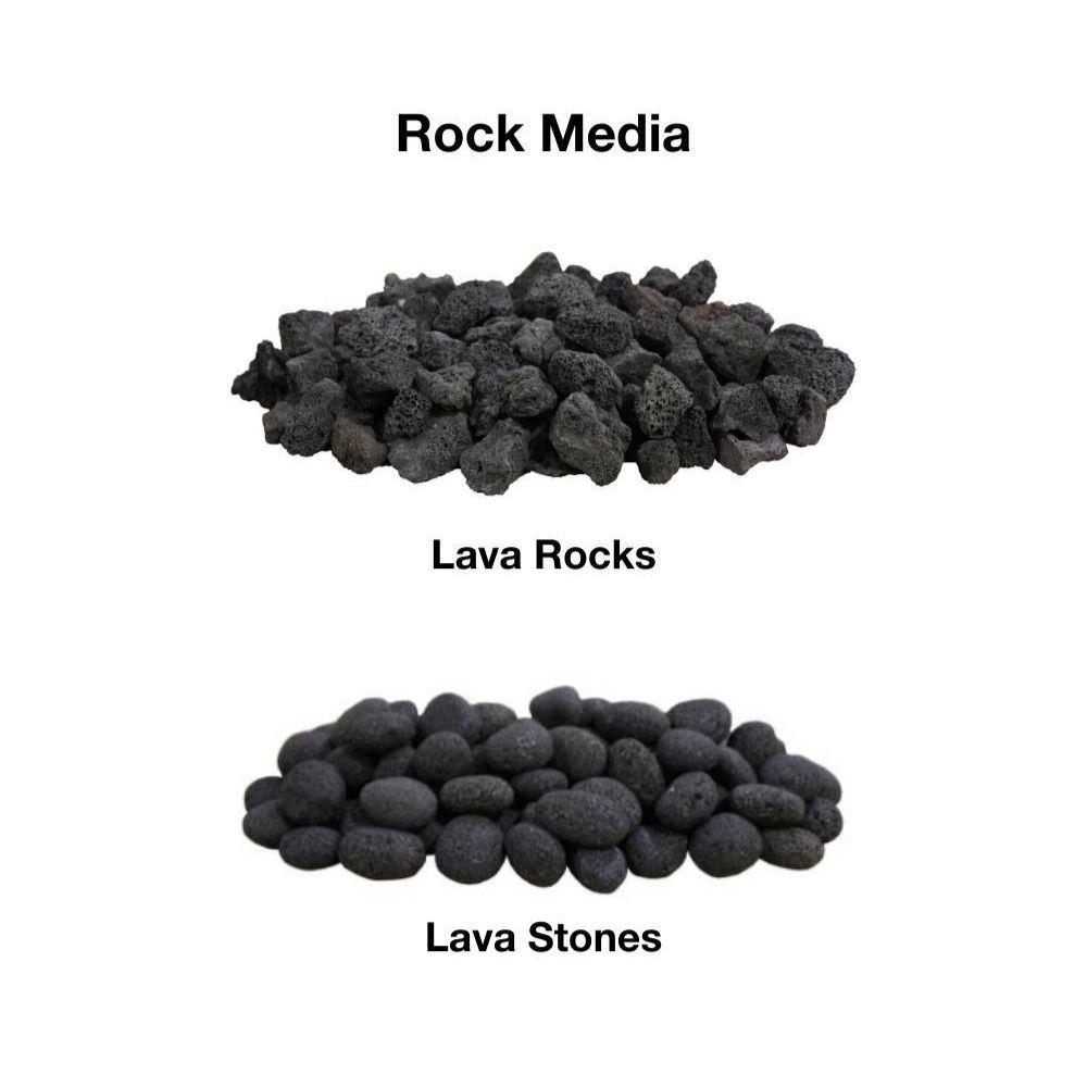 Rock media options for Firegear Pro Series fire pits featuring lava rocks and lava stones for enhanced flame presentation.