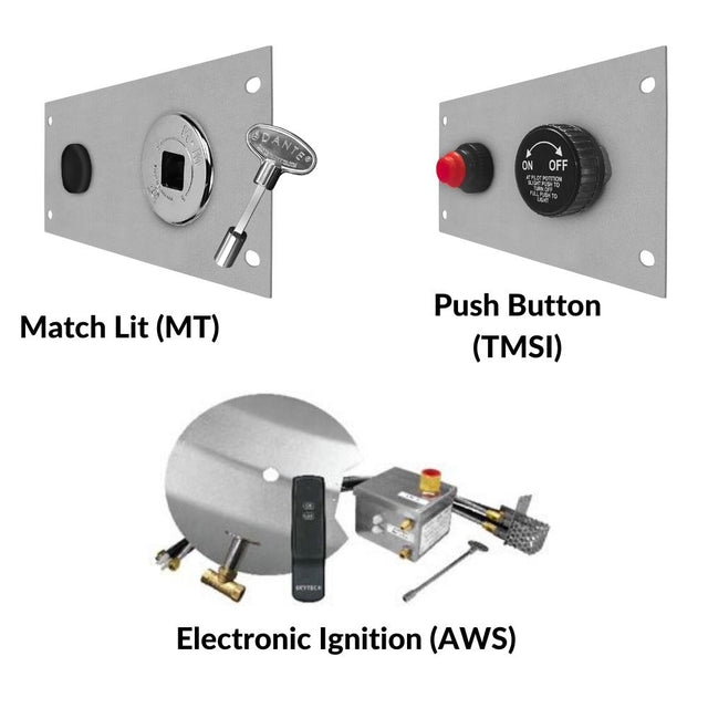 Ignition system options for Firegear Sanctuary 30-Inch Round Concrete Gas Fire Bowl: Match Lit, Push Button, and Electronic.