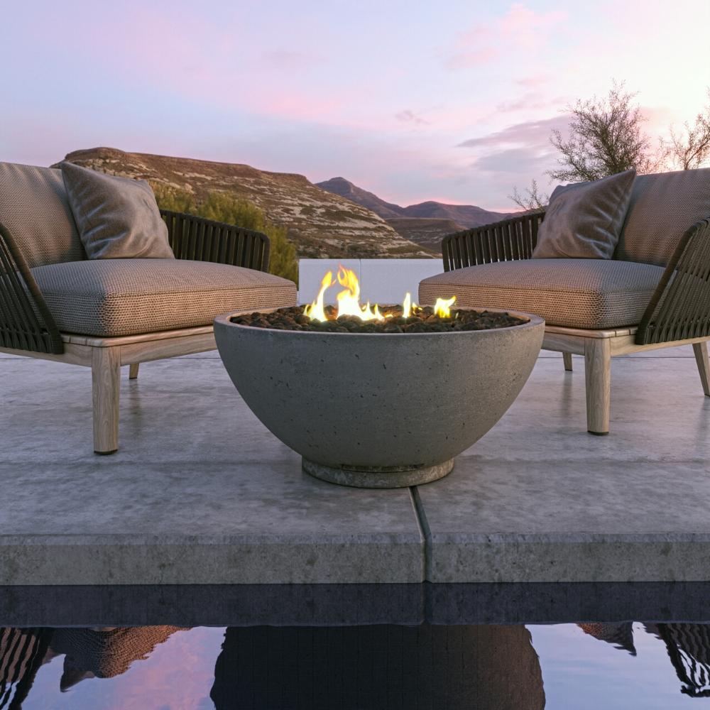 Firegear Sanctuary 30-Inch Round Concrete Gas Fire Bowl in Arctic finish on modern patio, perfect for cozy outdoor seating.