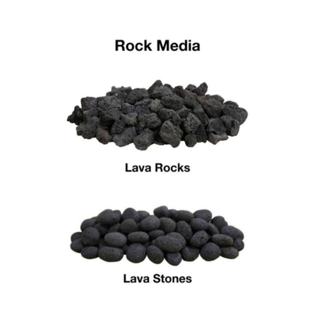 Rock media choices for Firegear Sanctuary Fire Pit Table featuring natural lava rocks and smooth lava stones for customizable aesthetics.