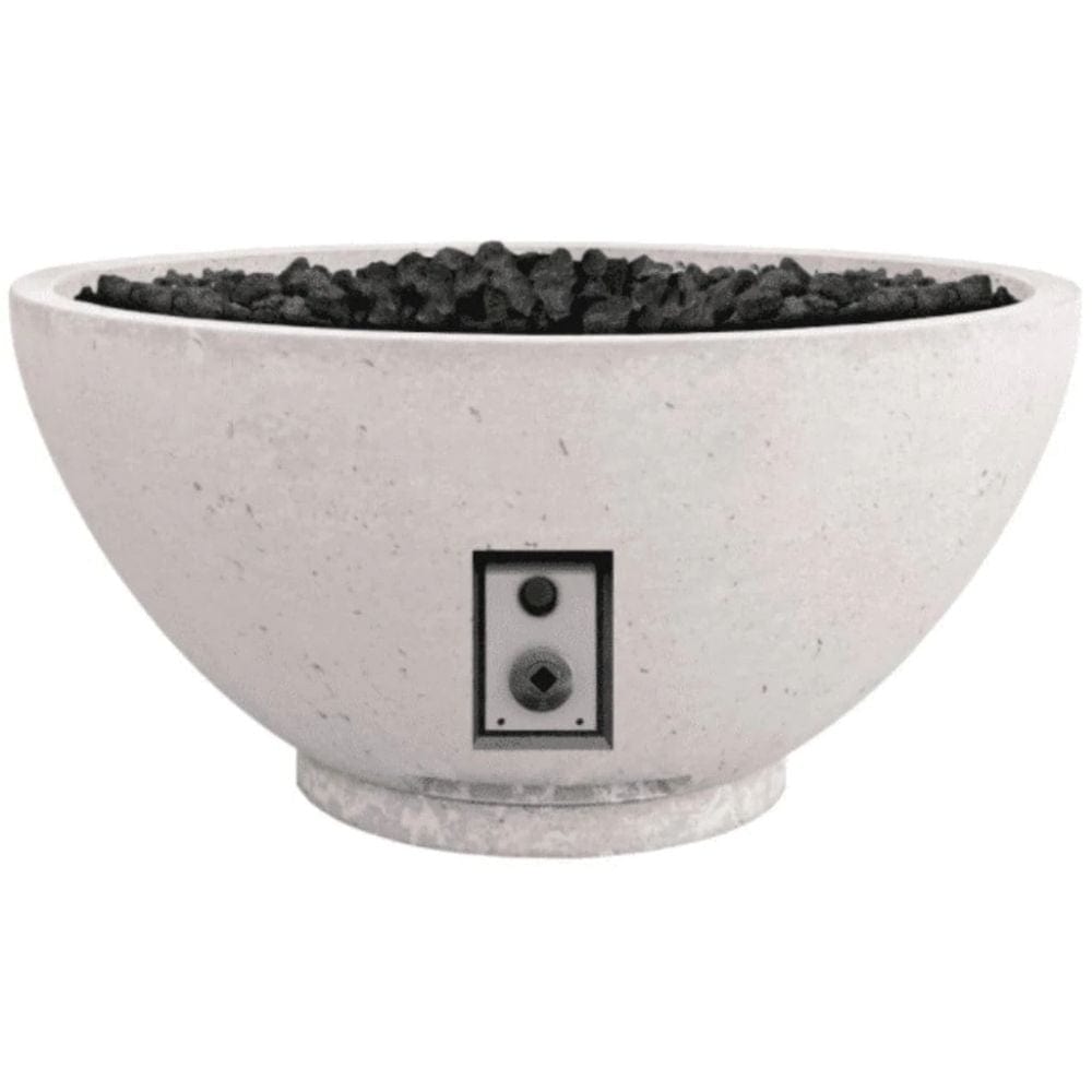 Close-up of Firegear Sanctuary 30-Inch Round Concrete Gas Fire Bowl in Arctic finish, featuring modern design and lava rock fill.