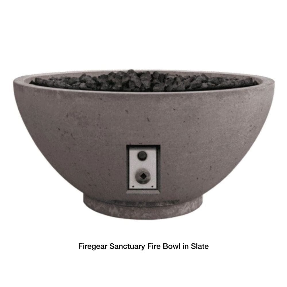 Firegear Sanctuary 30-Inch Round Concrete Gas Fire Bowl in Slate finish, showcasing modern outdoor fire feature design.