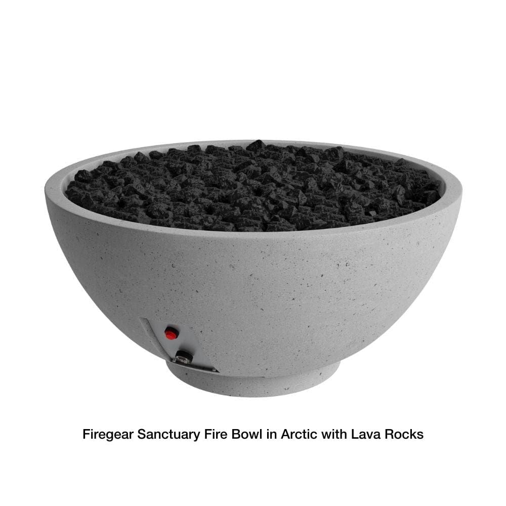 Firegear Sanctuary 30-Inch Round Concrete Gas Fire Bowl in Arctic finish with lava rocks, perfect for modern outdoor spaces.