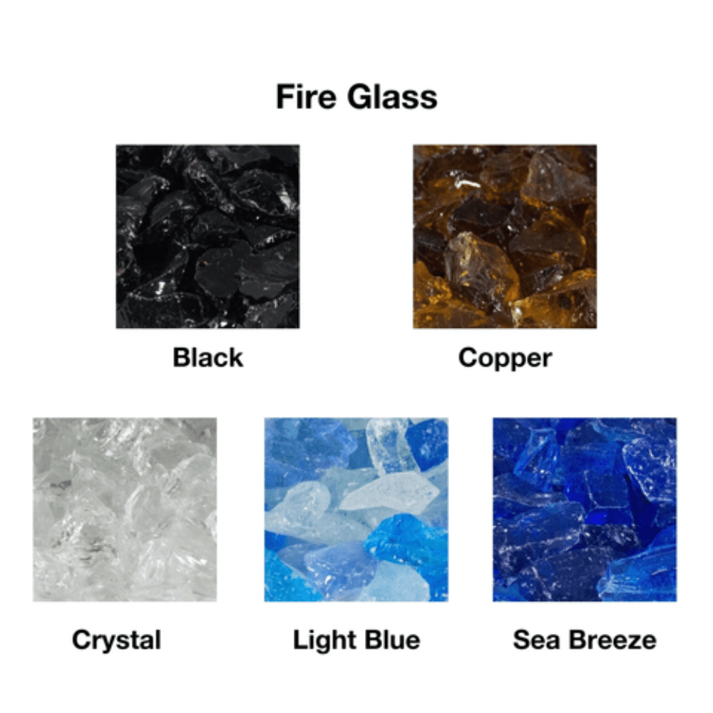 Fire glass color options for Firegear Sanctuary Fire Bowl: Black, Copper, Crystal, Light Blue, and Sea Breeze for vibrant flames.