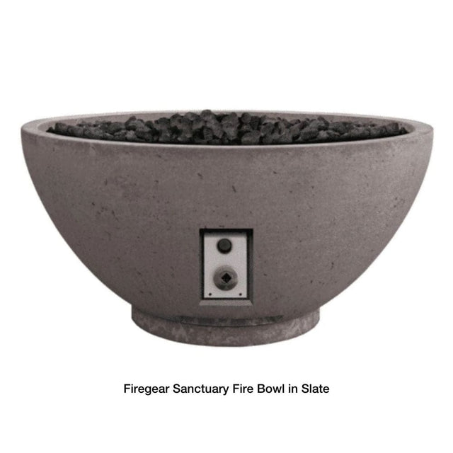 Firegear Sanctuary 39-Inch Round Concrete Gas Fire Bowl in Slate finish with lava rocks, ideal for modern outdoor settings.