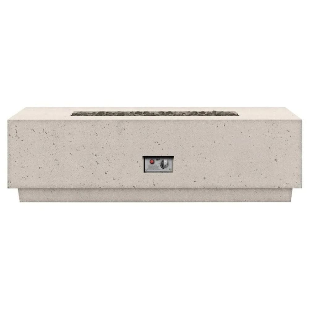 Firegear Sanctuary Rectangular Concrete Gas Fire Pit Table in Arctic finish with control panel, CSA approved for outdoor use.