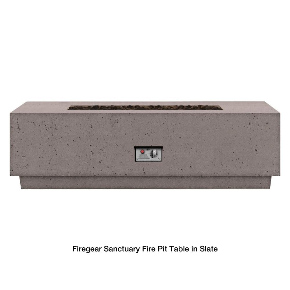 Firegear Sanctuary Rectangular Concrete Gas Fire Pit Table in Slate finish, CSA certified with integrated flame control panel.