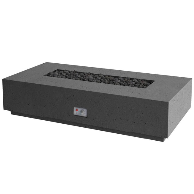 Firegear Sanctuary Rectangular Concrete Gas Fire Pit Table in Raven color, shown unlit with lava rock media and flame control panel.