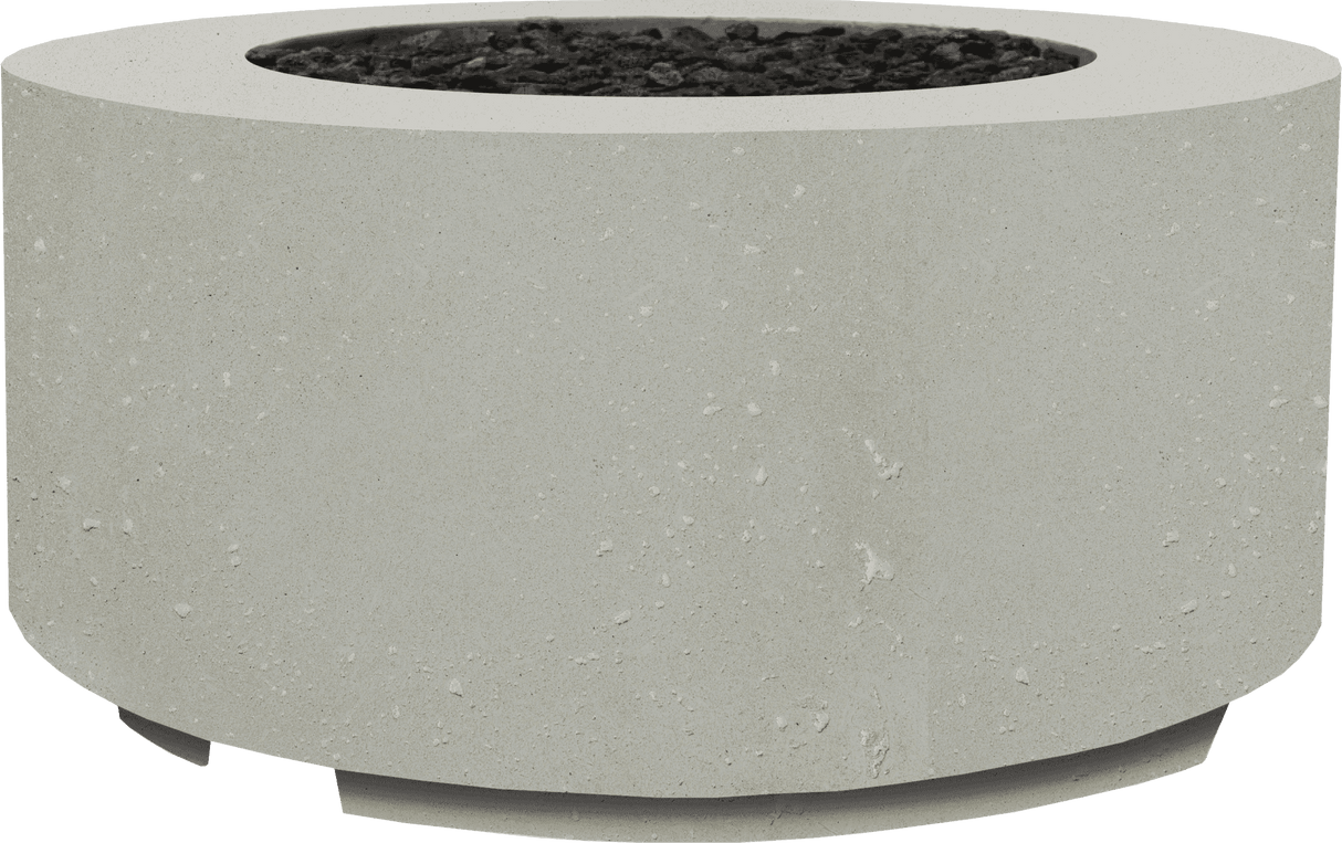 XO 36 Inch Round Cylinder Fire Table Gas Fire Pit in limestone finish with black lava rocks, ideal for modern outdoor patios and gardens.