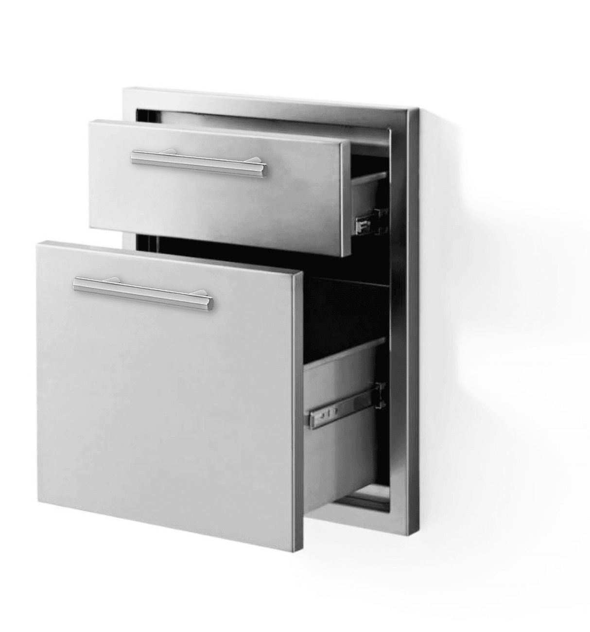 Open view of XO 19 Inch Pro-Grade Luxury Double Drawer showing spacious compartments for outdoor kitchen storage and grill accessory organization.