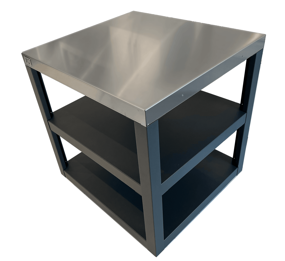 Durable XO Prep Cart for XOPIZZA1 featuring stainless steel top, two shelves, and caster wheels for mobile outdoor kitchen use.
