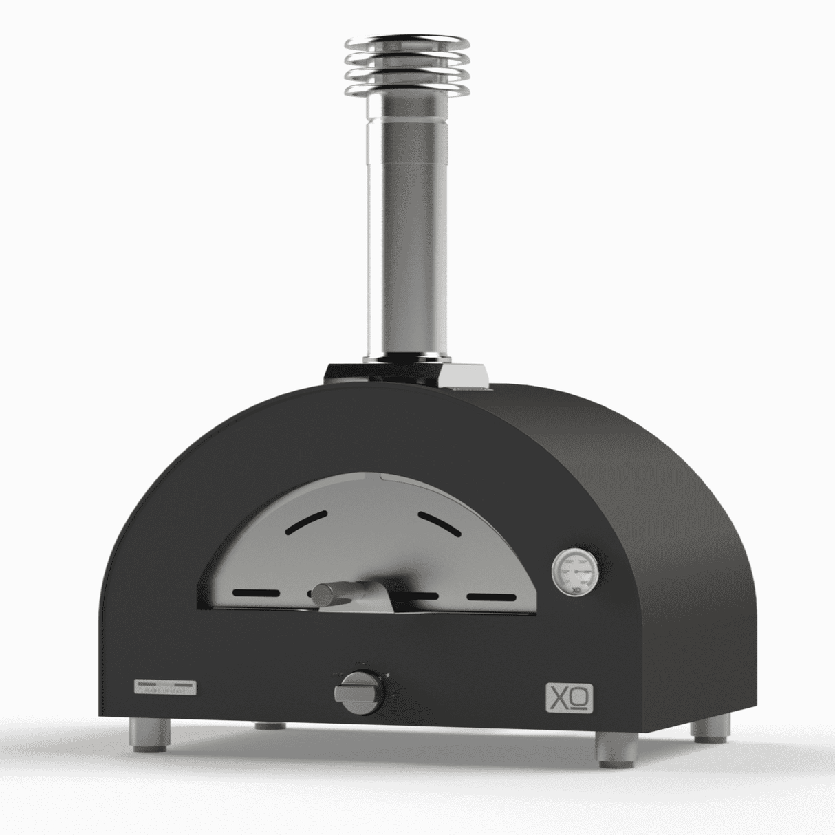 XO Tabletop Hybrid Gas & Wood Oven with matte black finish, featuring a front temperature gauge and chimney for outdoor pizza cooking.