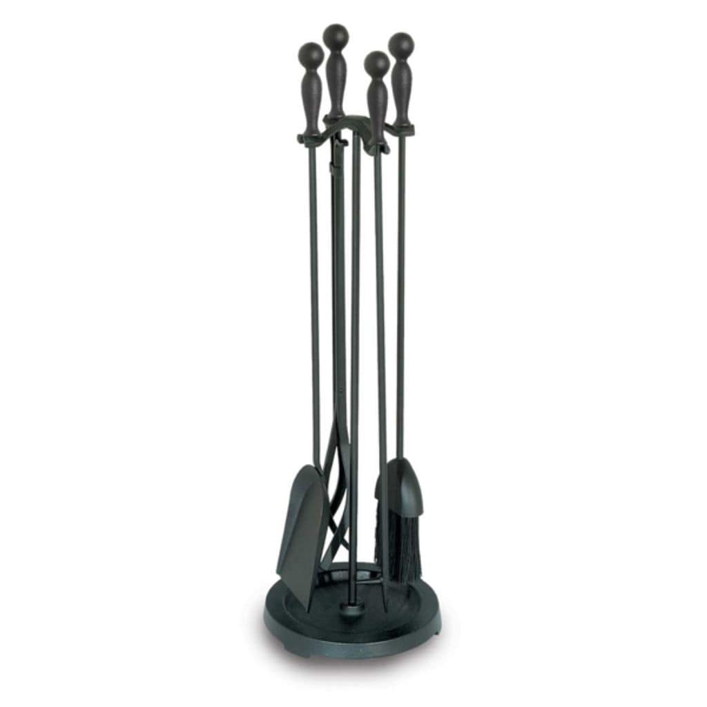 Pilgrim 5 Piece Matte Black Fireplace Tool Set with Iron Ball Handles and Round Base