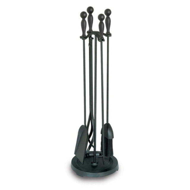 Pilgrim 5 Piece Matte Black Fireplace Tool Set with Iron Ball Handles and Round Base