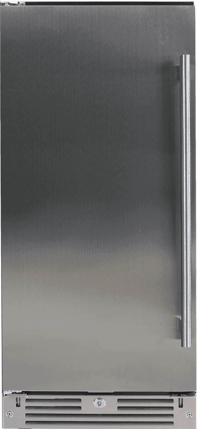 XO 15 Inch Outdoor Undercounter Refrigerator with stainless steel door and sleek vertical handle, ideal for modern outdoor kitchens.