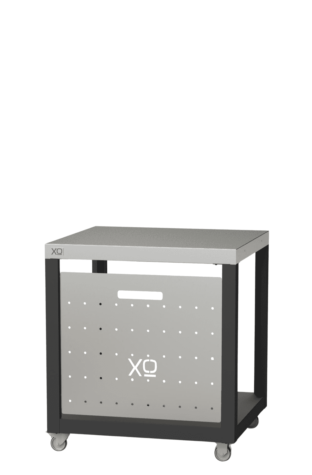 XO Oven Cart for XOPIZZA1 featuring a stainless steel top, black frame, and perforated front panel with XO logo, ideal for outdoor pizza ovens.