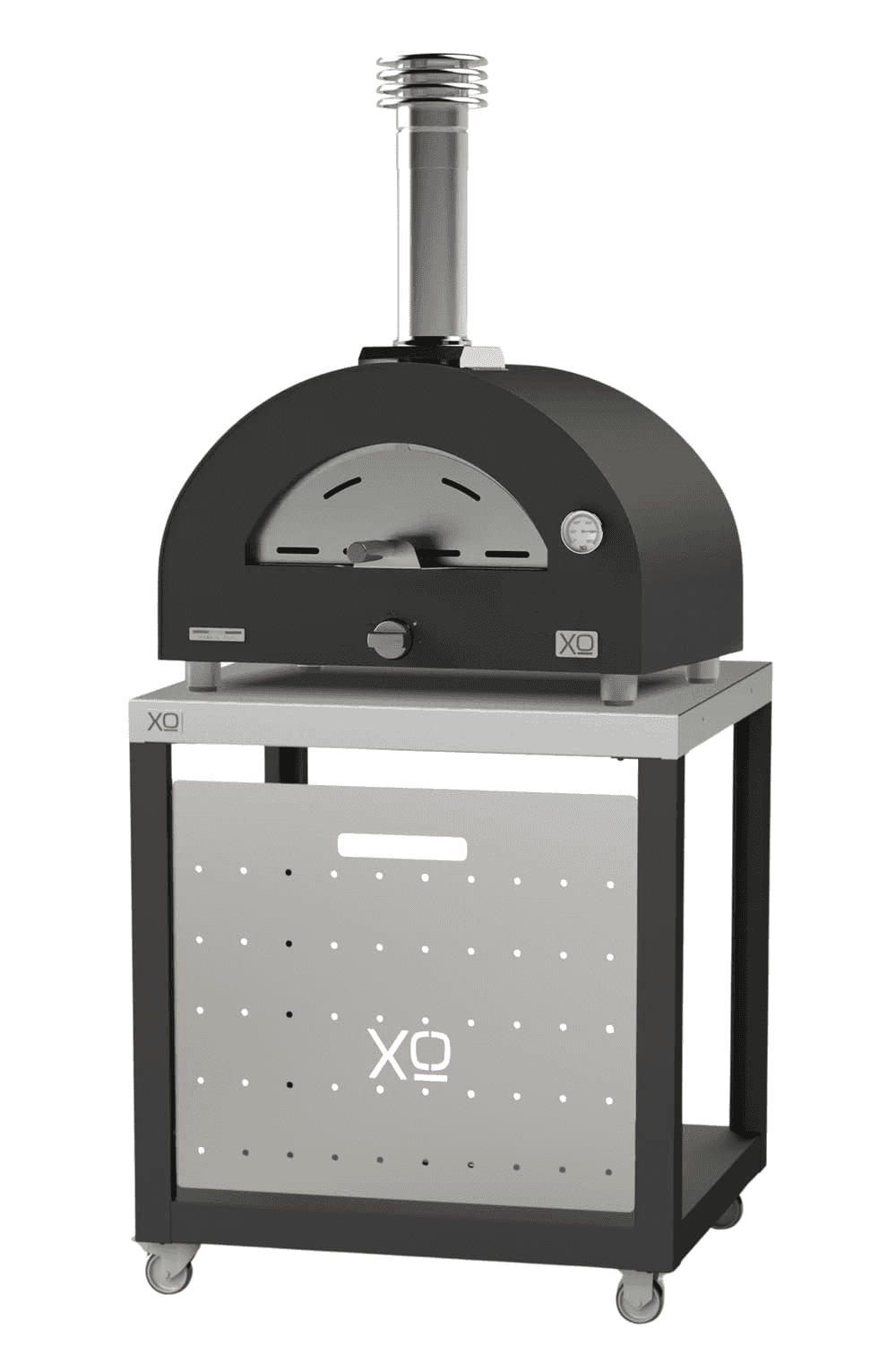 XO Oven Cart for XOPIZZA1 with a black pizza oven mounted on top, offering a sleek, portable solution for outdoor pizza cooking setups.