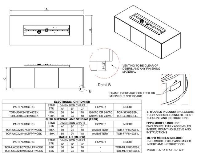 HPC 37 Inch Rectangle Match Lit Ignition Interlink Torpedo Burner Outdoor Gas Firepit - TOR-U60X24/37X8MLFPKCEK