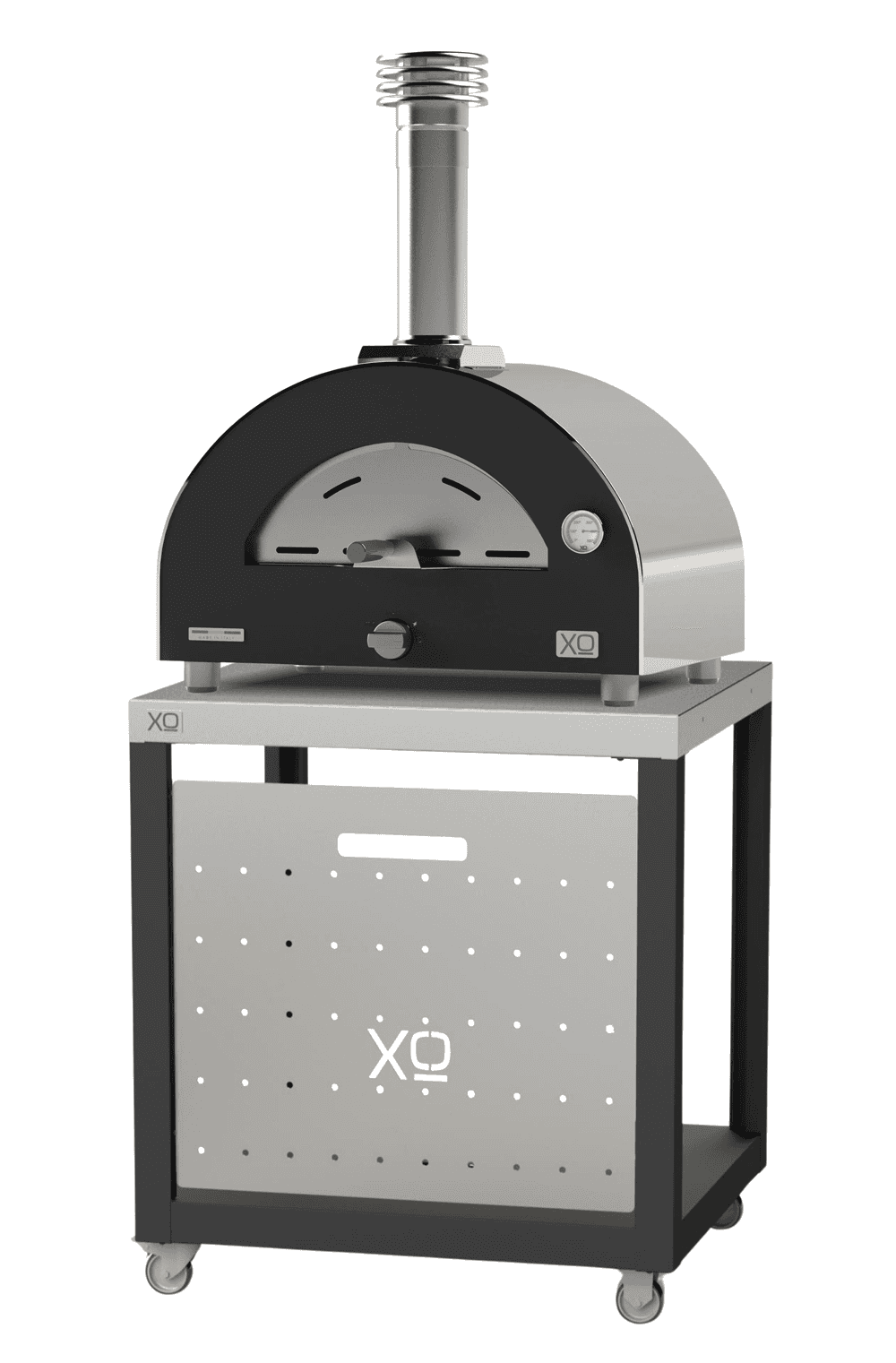 XO Oven Cart for XOPIZZA1 supporting a stainless steel pizza oven with chimney, designed for mobility and outdoor kitchen use.