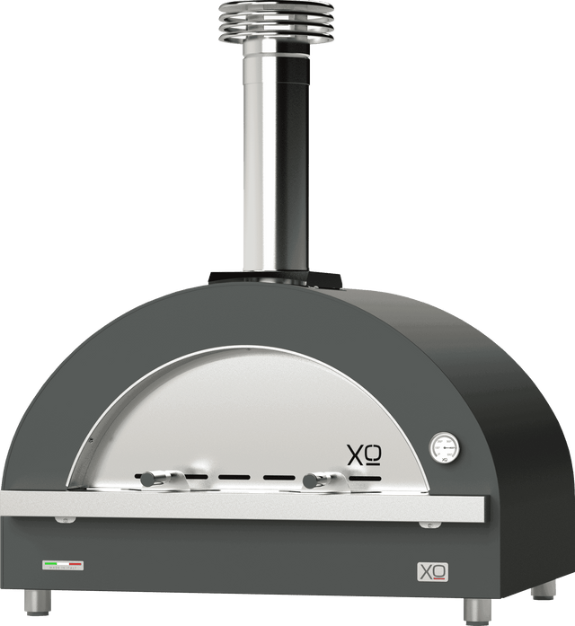 XO 40 Inch Countertop Wood Fire Outdoor Oven in matte black finish with stainless steel chimney, ideal for backyard pizza making.