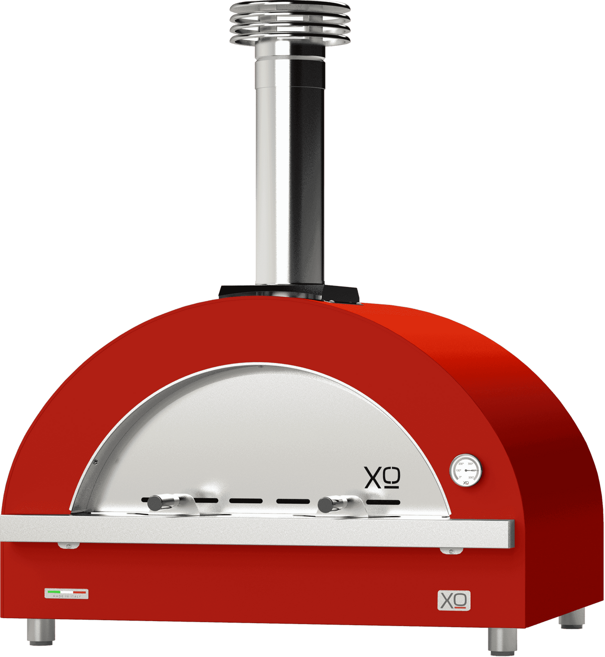 XO 40 Inch Countertop Wood Fire Outdoor Oven in vibrant red finish, featuring dual handles and built-in thermometer for outdoor kitchens.