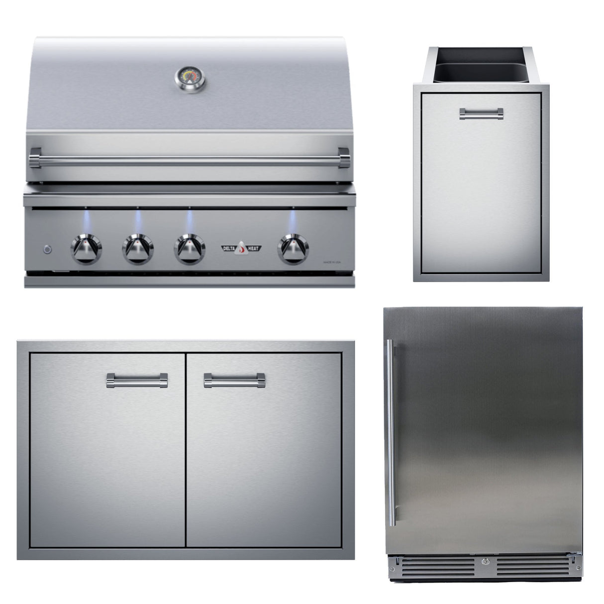 Delta Heat 38 Inch Built-In Gas Grill Four Piece Package with Refrigerator, Double Doors, & Double Trash Drawer