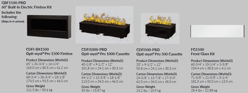 Dimplex Opti-Myst Pro 1500 Built-in 60 Inch Water Vapor Electric Fireplace Firebox