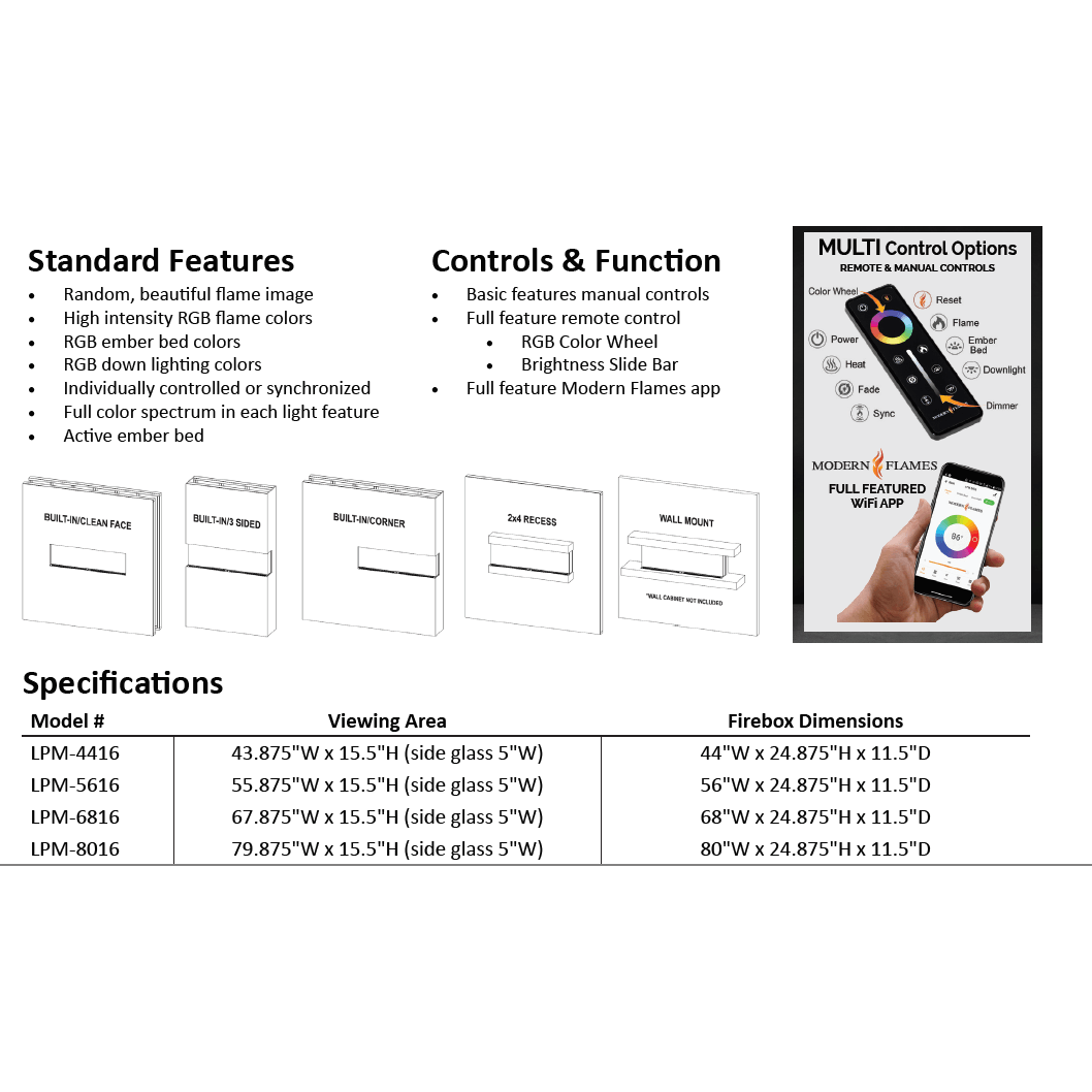 Modern Flames Landscape Pro Multi-Sided Built-In 56 Inch Electric Fireplace Linear Firebox