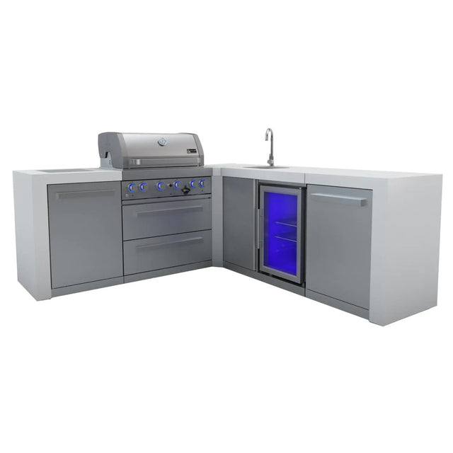 Mont Alpi 400 Deluxe 90 Degree Gas Island Grill W/ Beverage Center, Infrared Side Burner, & Rotisserie Kit