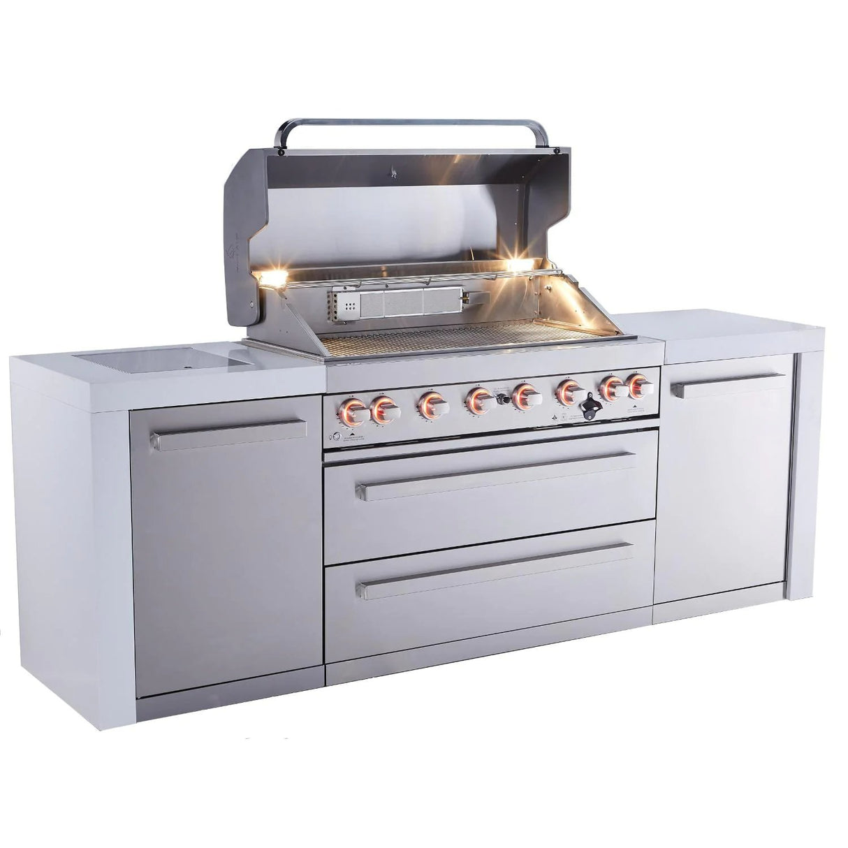 Mont Alpi 805 Deluxe Gas Grill Outdoor Kitchen Island W/ Infrared Side Burner & Rotisserie Kit