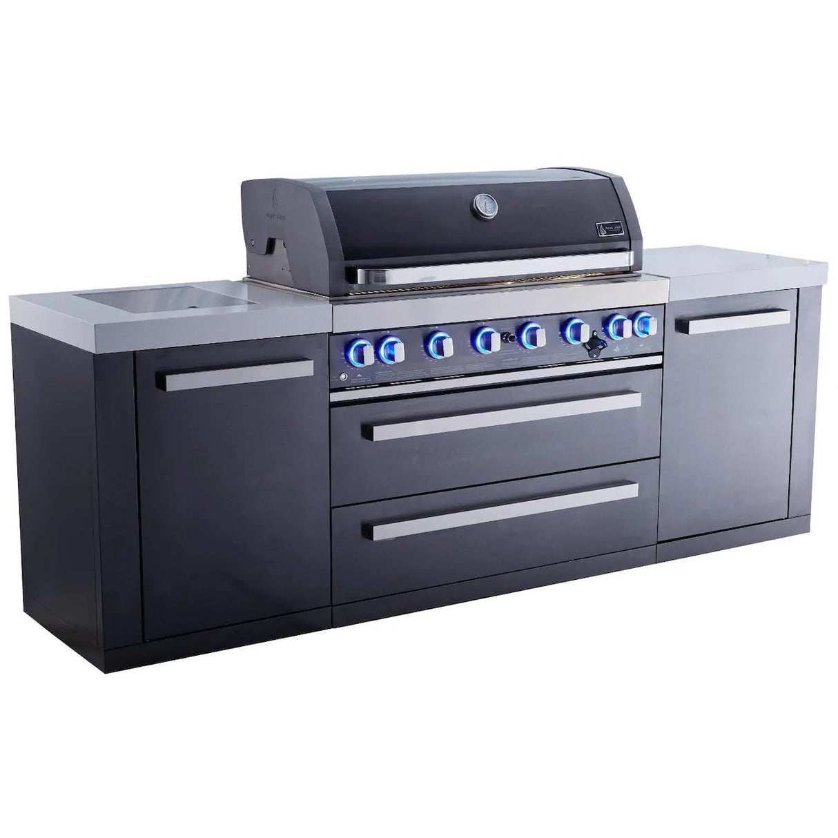 Mont Alpi 805 Deluxe Gas Island Grill W/ Infrared Side Burner & Rotisserie Kit - Black Stainless Steel