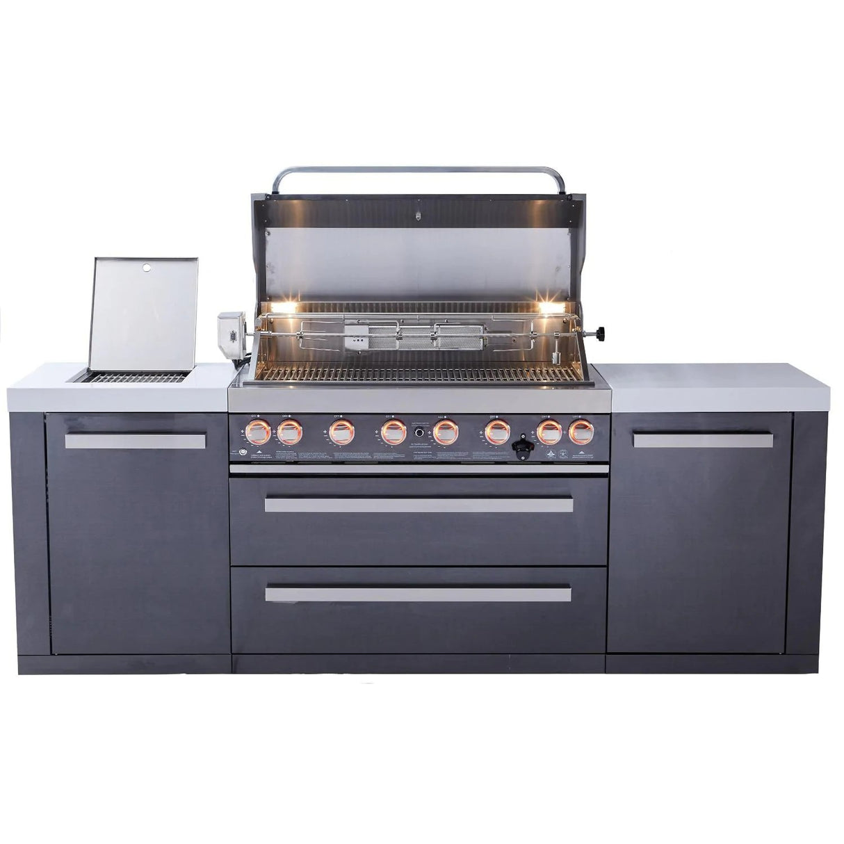 Mont Alpi 805 Deluxe Gas Island Grill W/ Infrared Side Burner & Rotisserie Kit - Black Stainless Steel