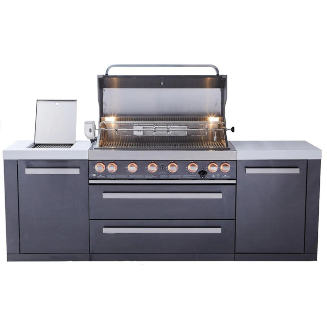 Mont Alpi 805 Deluxe Gas Island Grill W/ Infrared Side Burner & Rotisserie Kit - Black Stainless Steel