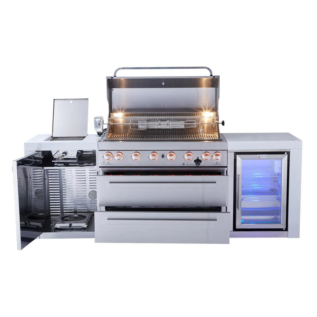 Mont Alpi 805 Deluxe Gas Island Grill W/ Refrigerator Cabinet, Infrared Side Burner, & Rotisserie Kit - Stainless Steel